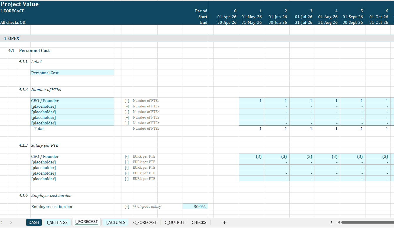 Excel financial model assumptions sheet with business drivers