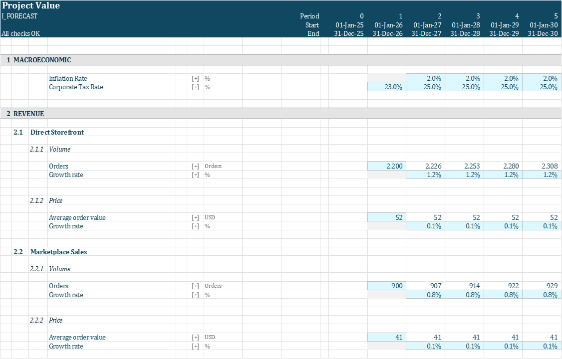 Excel financial model assumptions sheet with business drivers