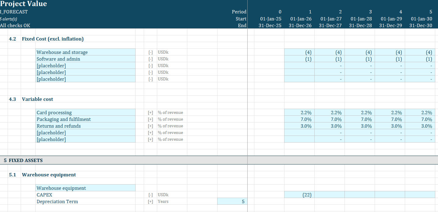 Business planning assumptions sheet with sales, hiring, spending, and cash timing inputs
