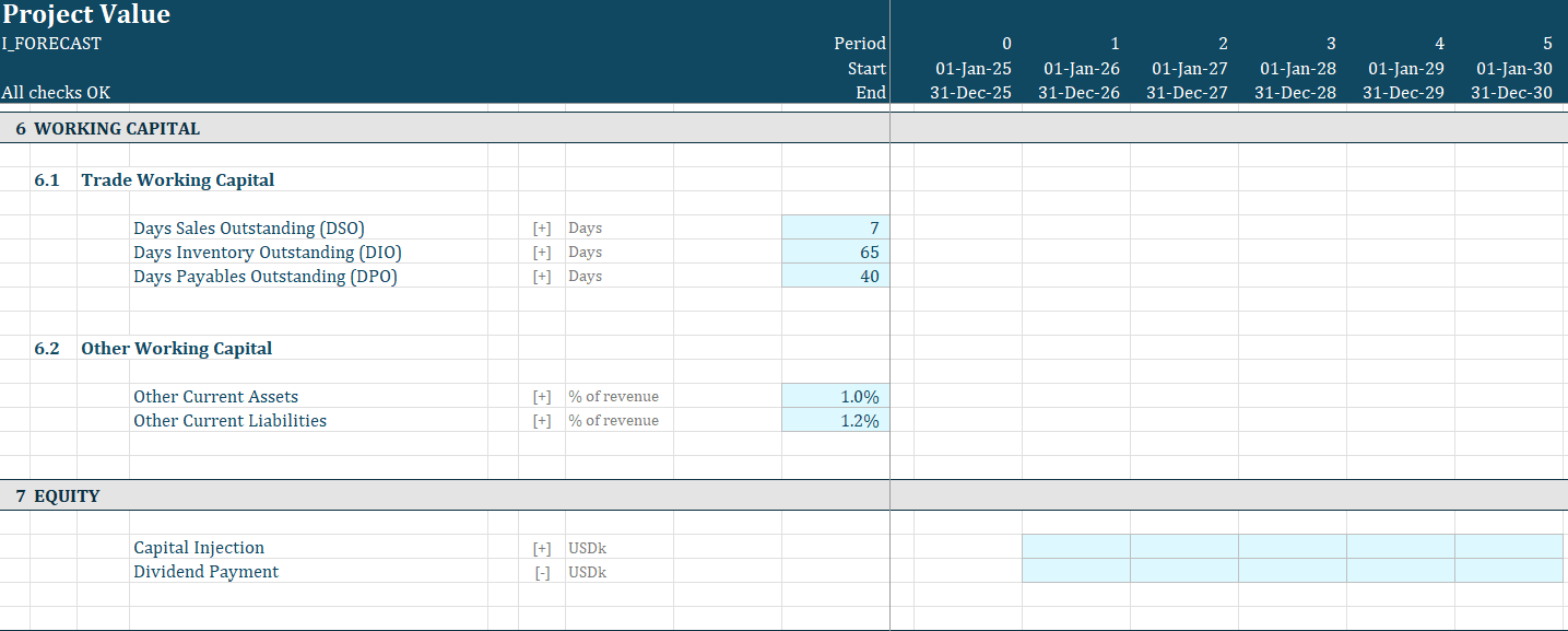 Valuation assumptions sheet with growth, margin, cost, and capital inputs